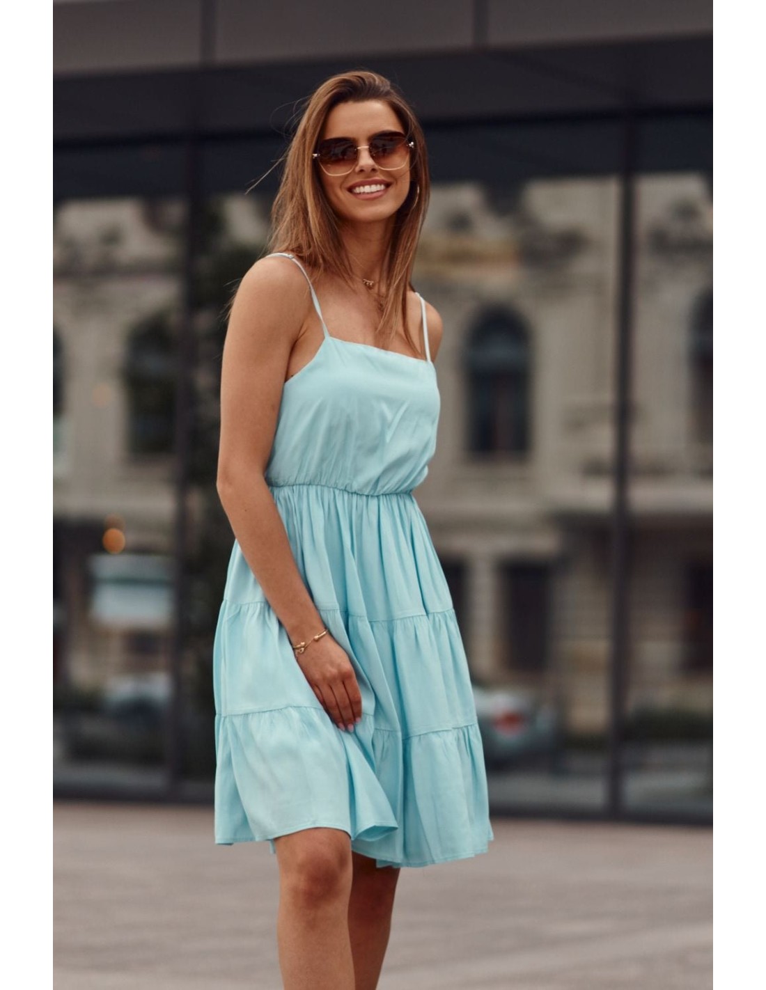 Dress with thin straps and ruffles, blue PR3214 - Online store - Boutique